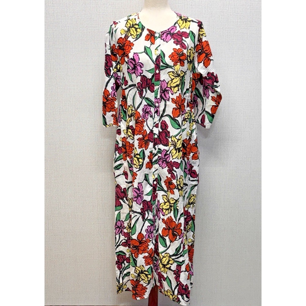 Roller Rabbit Women Floral Button Front Maxi Dress Long Sleeve White Multi Large